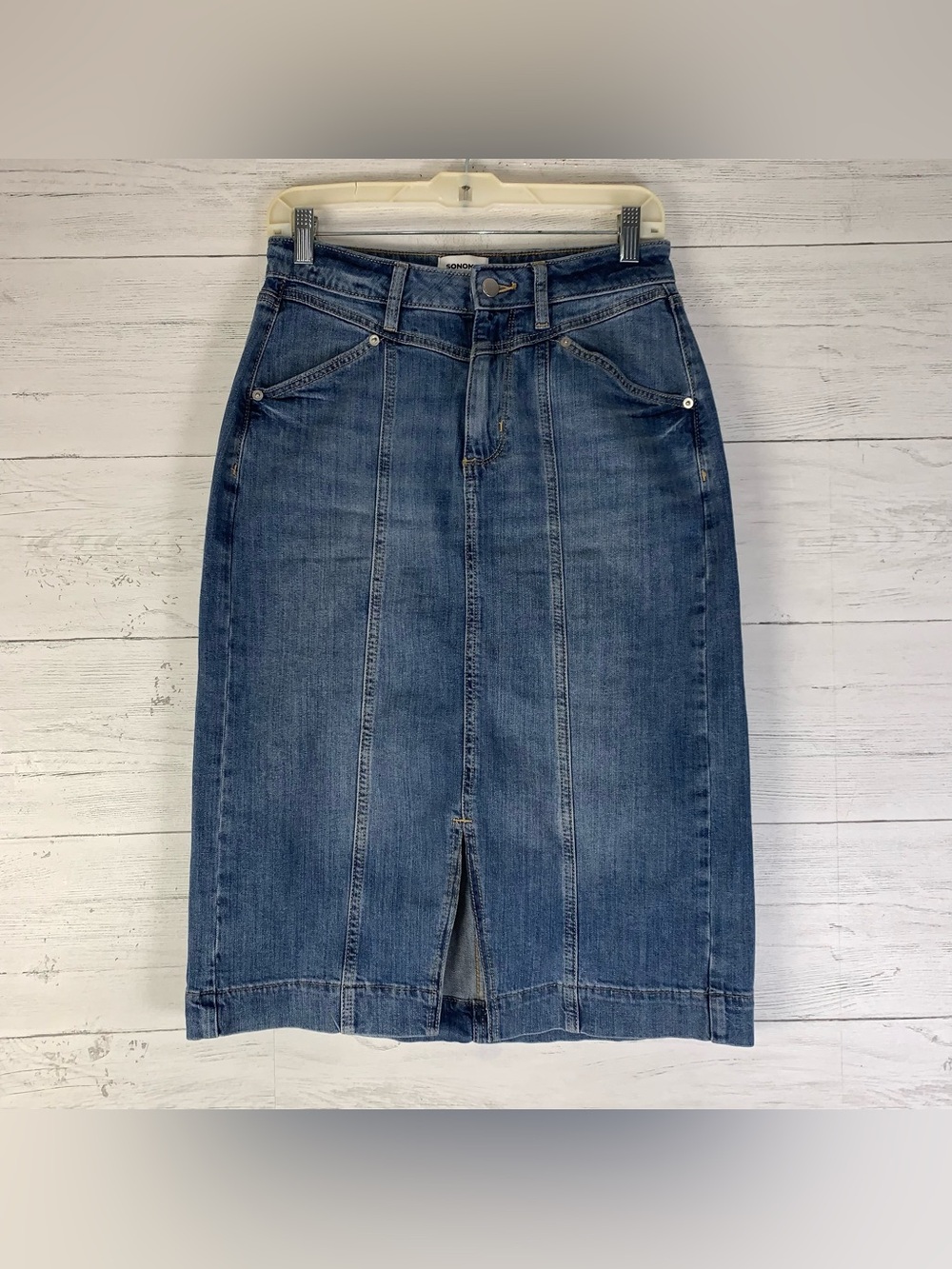 Sonoma High Rise Denim Skirt Womens 6 Petite Blue Medium Wash Stretch